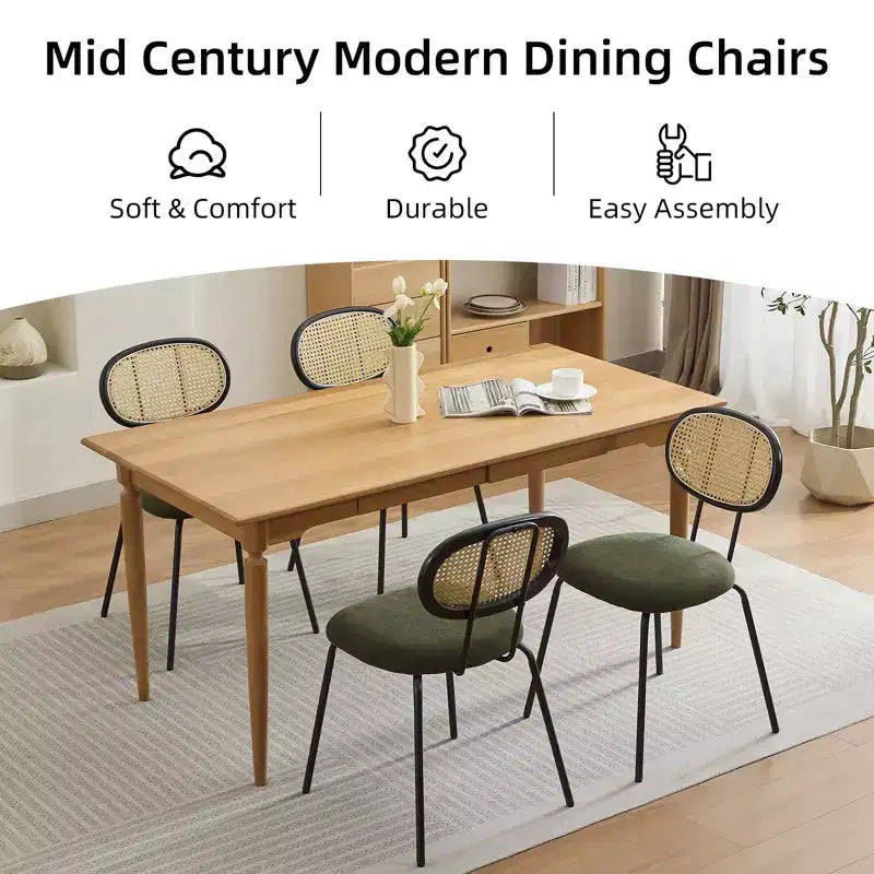 2 Pack Dining Chairs, Modern Velvet Upholstered Dining Room Chairs with Rattan Backrest & Sturdy Metal Legs