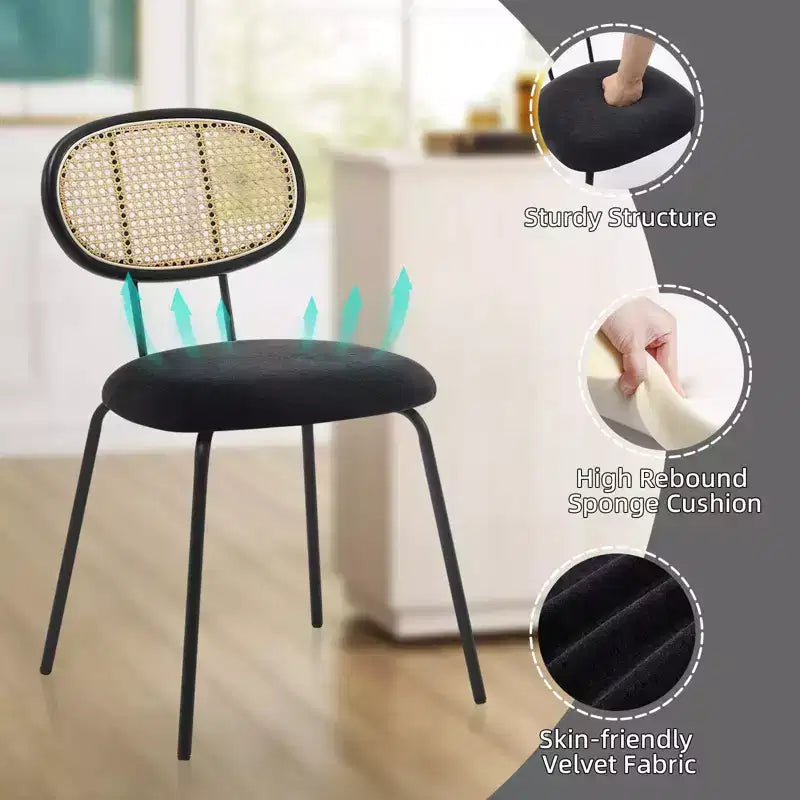 2 Pack Dining Chairs, Modern Velvet Upholstered Dining Room Chairs with Rattan Backrest & Sturdy Metal Legs