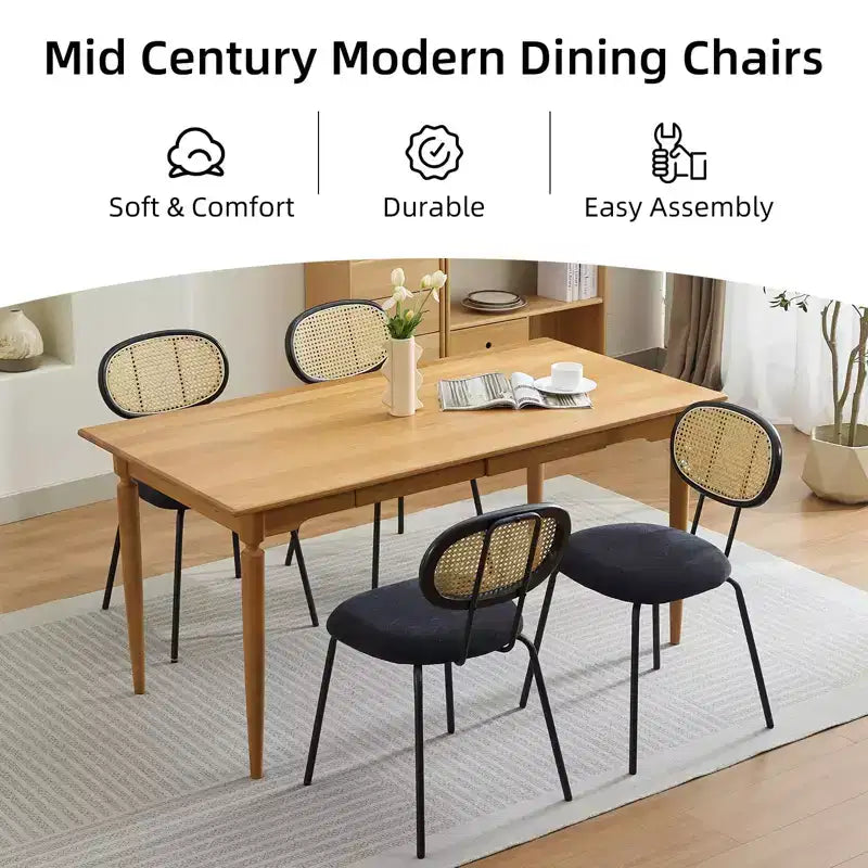 2 Pack Dining Chairs, Modern Velvet Upholstered Dining Room Chairs with Rattan Backrest & Sturdy Metal Legs