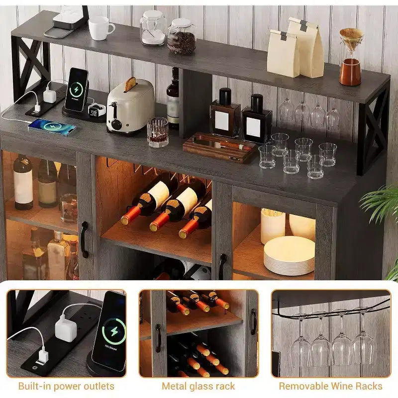 Bar Cabinet, Liquor Cabinet with Power Outlets & LED Lights - Glass Holder/Wine Racks, Coffee Bar