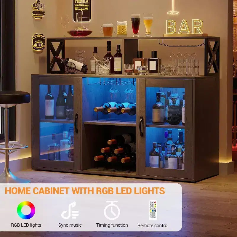 Bar Cabinet, Liquor Cabinet with Power Outlets & LED Lights - Glass Holder/Wine Racks, Coffee Bar