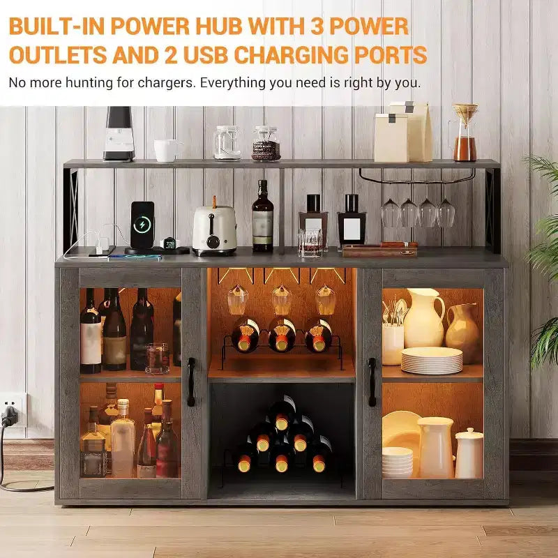 Bar Cabinet, Liquor Cabinet with Power Outlets & LED Lights - Glass Holder/Wine Racks, Coffee Bar
