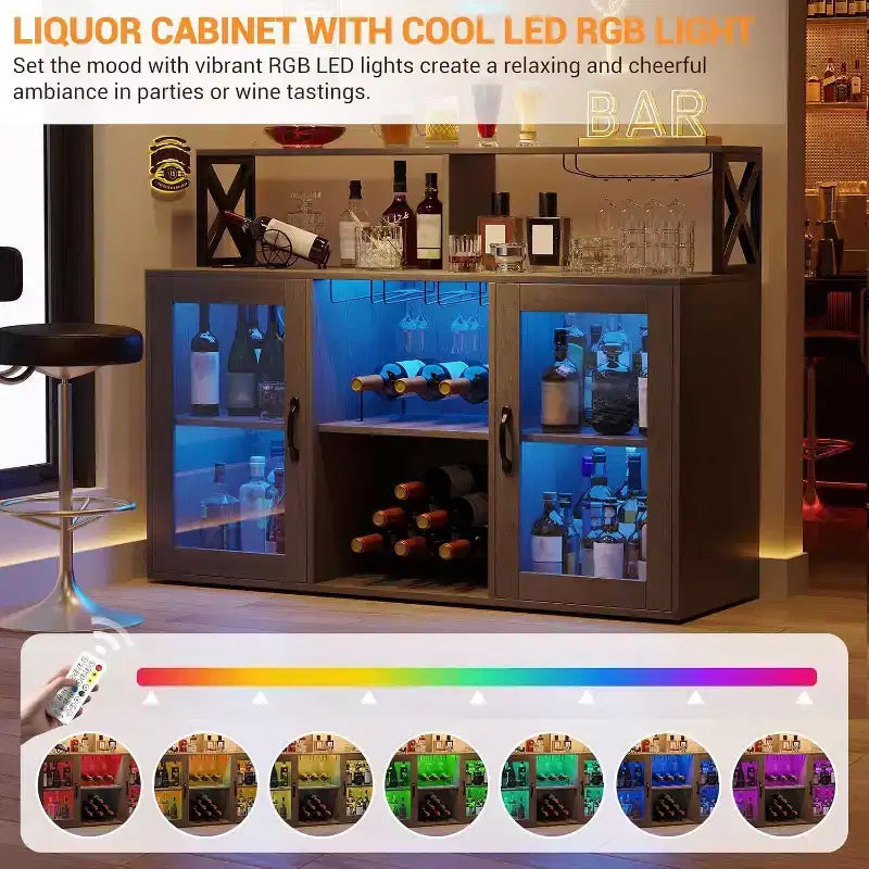 Bar Cabinet, Liquor Cabinet with Power Outlets & LED Lights - Glass Holder/Wine Racks, Coffee Bar