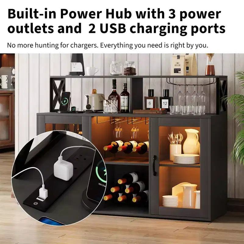 Bar Cabinet, Liquor Cabinet with Power Outlets & LED Lights - Glass Holder/Wine Racks, Coffee Bar