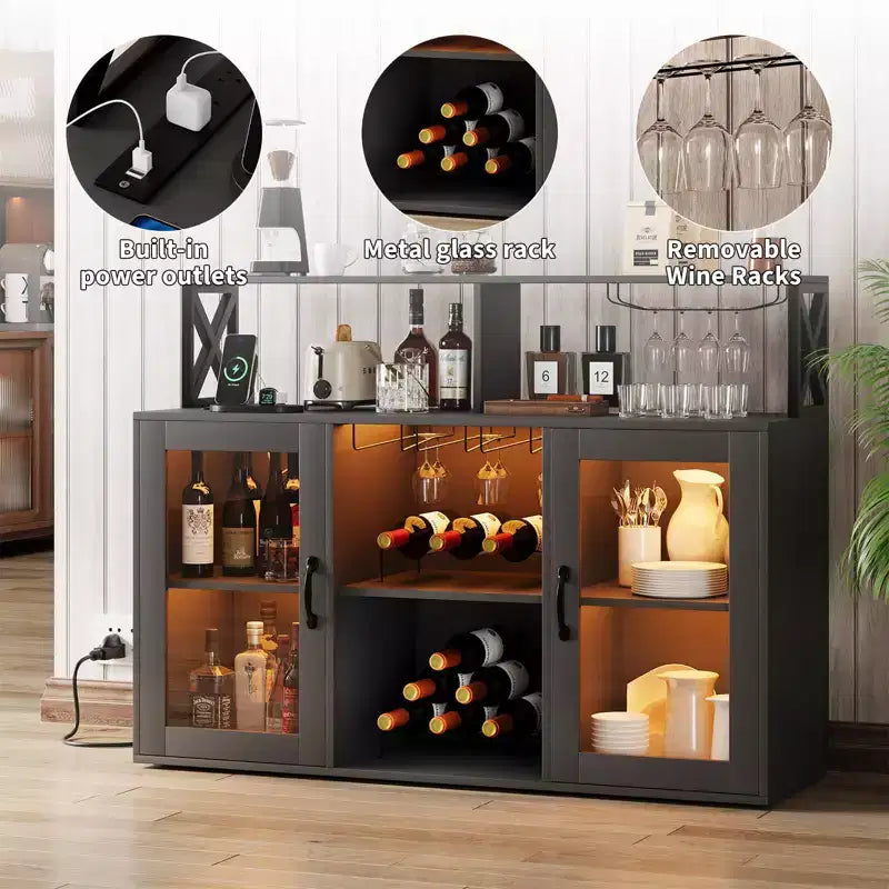 Bar Cabinet, Liquor Cabinet with Power Outlets & LED Lights - Glass Holder/Wine Racks, Coffee Bar