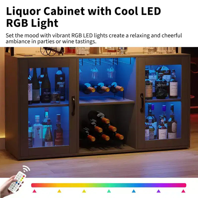 Bar Cabinet, Liquor Cabinet with Power Outlets & LED Lights - Glass Holder/Wine Racks, Coffee Bar