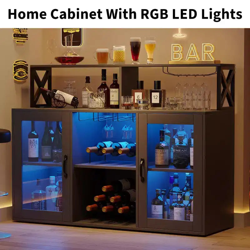 Bar Cabinet, Liquor Cabinet with Power Outlets & LED Lights - Glass Holder/Wine Racks, Coffee Bar