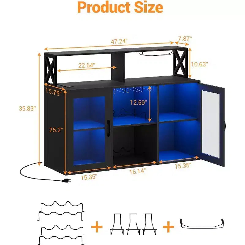 Bar Cabinet, Liquor Cabinet with Power Outlets & LED Lights - Glass Holder/Wine Racks, Coffee Bar