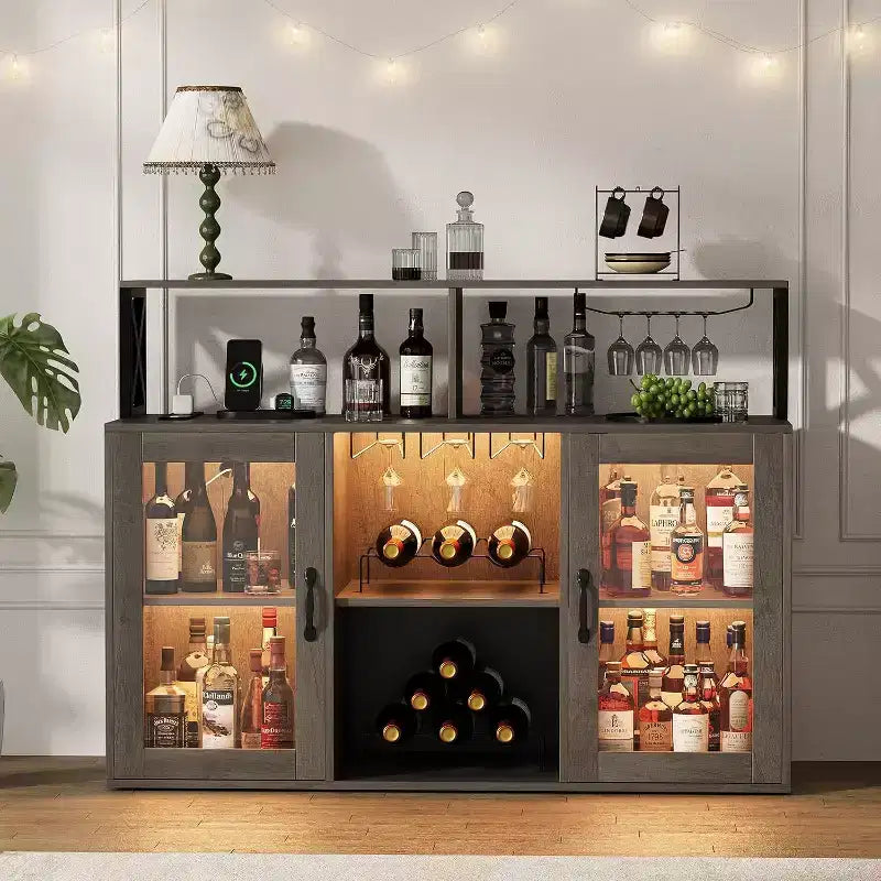 Bar Cabinet, Liquor Cabinet with Power Outlets & LED Lights - Glass Holder/Wine Racks, Coffee Bar
