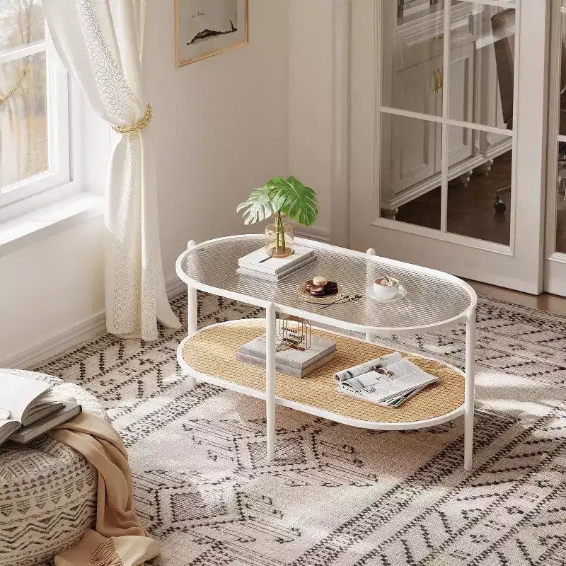Oval Glass Coffee Table, Water-Wave Tempered Glass, Rattan Storage Shelf, Boho Farmhouse Metal Frame