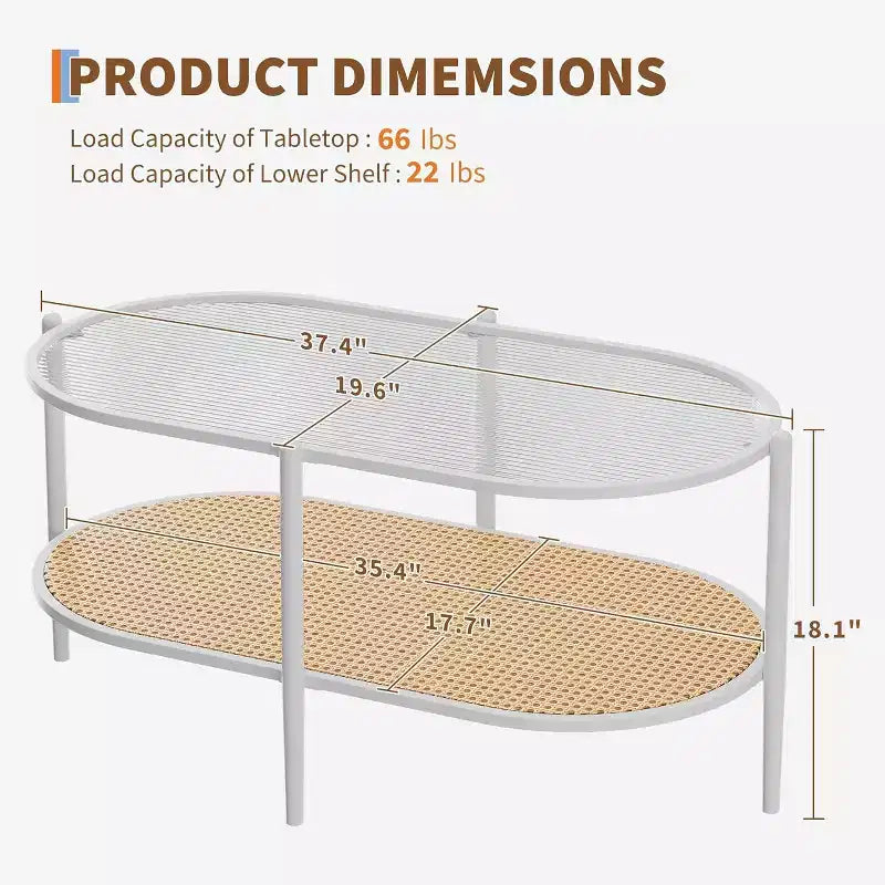Oval Glass Coffee Table, Water-Wave Tempered Glass, Rattan Storage Shelf, Boho Farmhouse Metal Frame