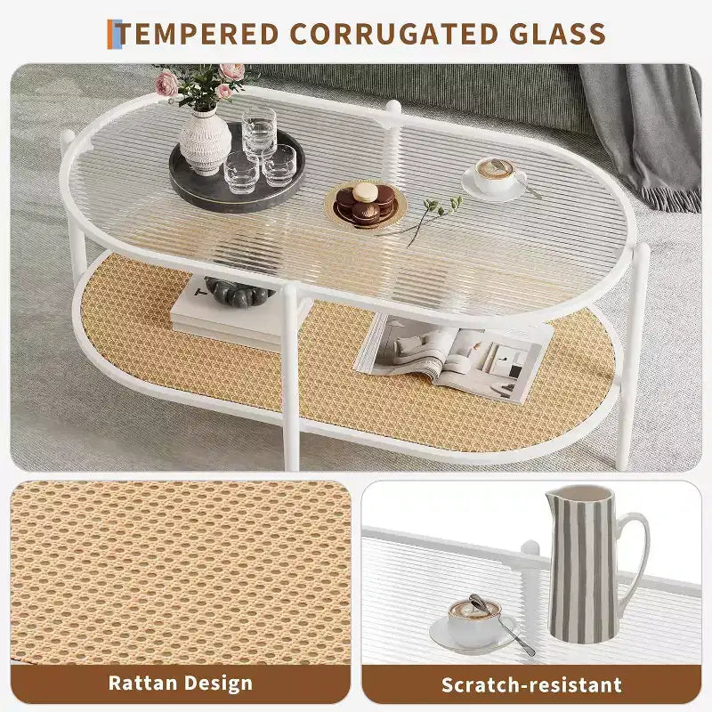 Oval Glass Coffee Table, Water-Wave Tempered Glass, Rattan Storage Shelf, Boho Farmhouse Metal Frame