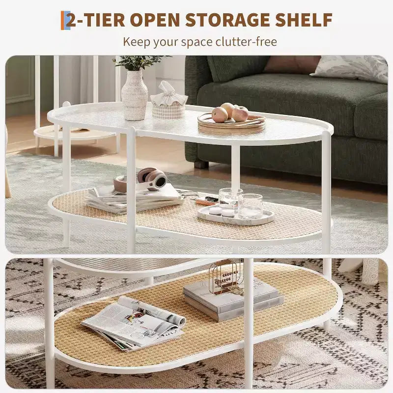 Oval Glass Coffee Table, Water-Wave Tempered Glass, Rattan Storage Shelf, Boho Farmhouse Metal Frame