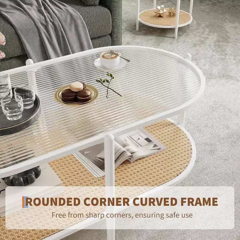 Oval Glass Coffee Table, Water-Wave Tempered Glass, Rattan Storage Shelf, Boho Farmhouse Metal Frame