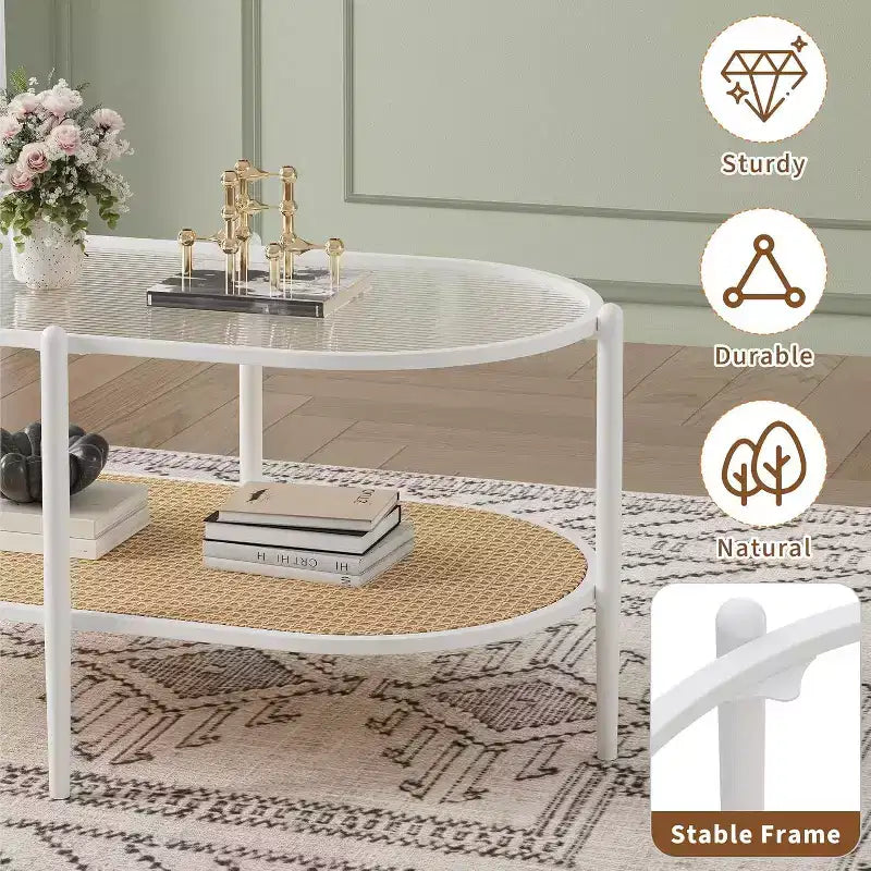 Oval Glass Coffee Table, Water-Wave Tempered Glass, Rattan Storage Shelf, Boho Farmhouse Metal Frame