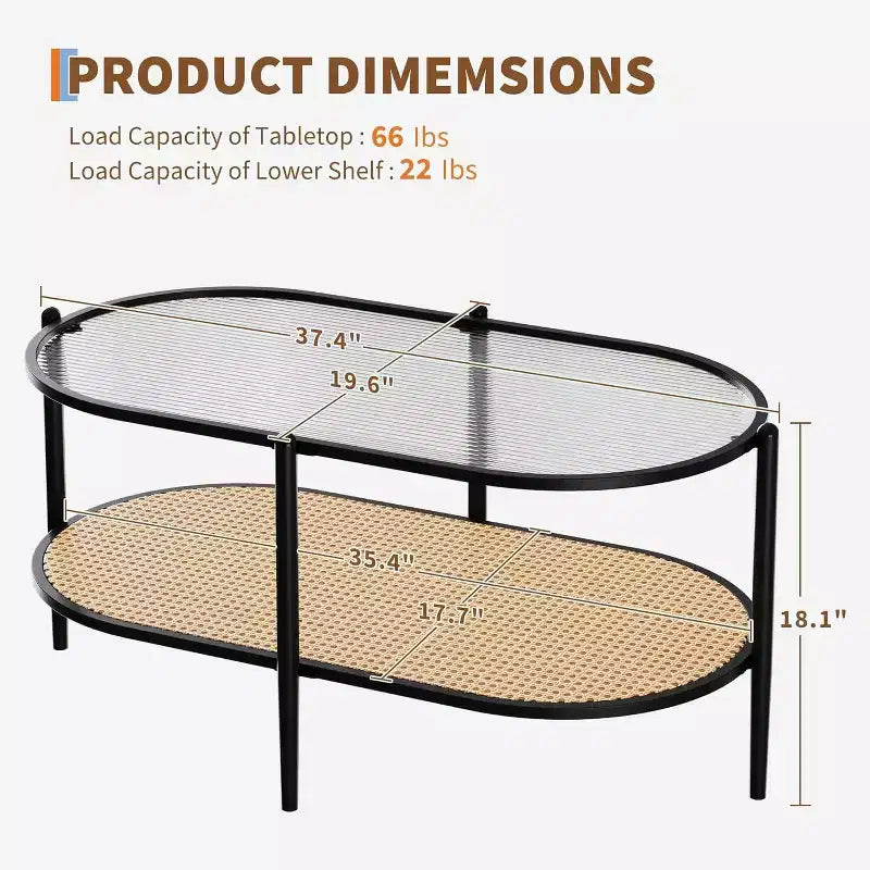 Oval Glass Coffee Table, Water-Wave Tempered Glass, Rattan Storage Shelf, Boho Farmhouse Metal Frame