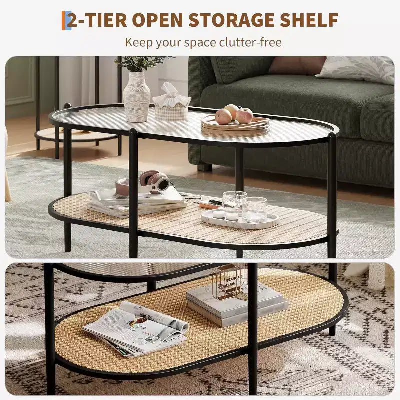 Oval Glass Coffee Table, Water-Wave Tempered Glass, Rattan Storage Shelf, Boho Farmhouse Metal Frame