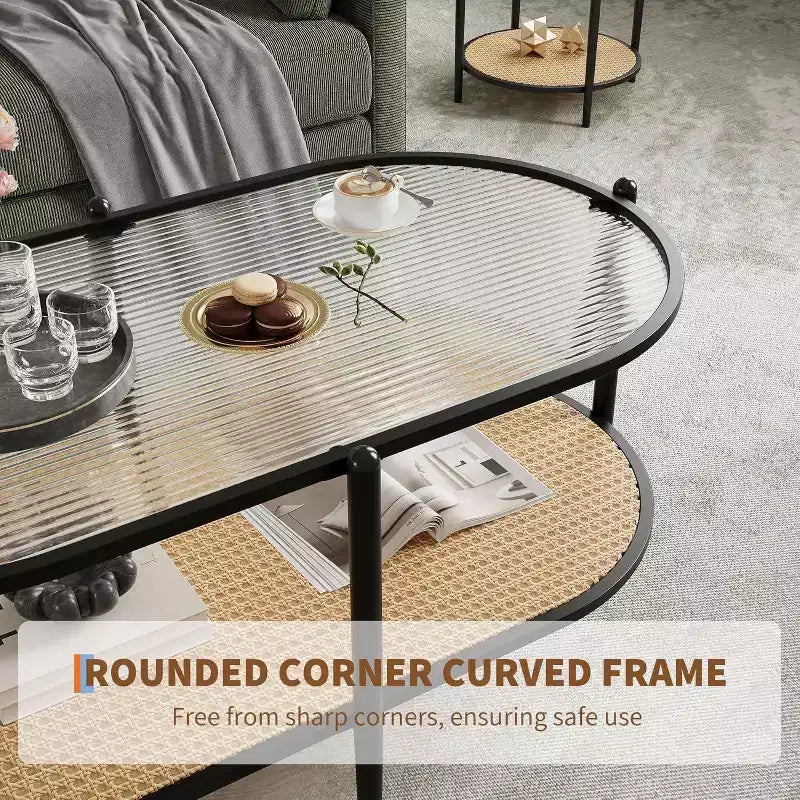 Oval Glass Coffee Table, Water-Wave Tempered Glass, Rattan Storage Shelf, Boho Farmhouse Metal Frame