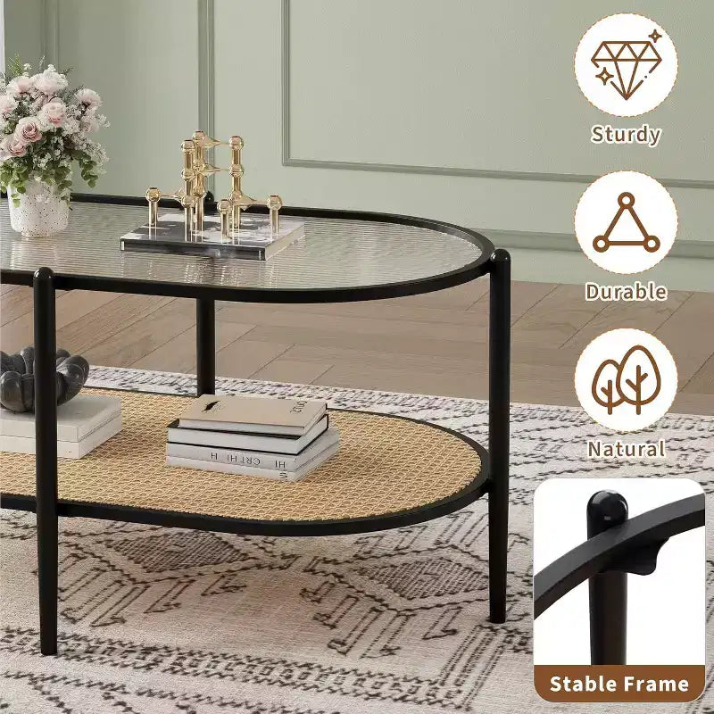 Oval Glass Coffee Table, Water-Wave Tempered Glass, Rattan Storage Shelf, Boho Farmhouse Metal Frame