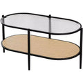 Acekool Oval Glass Coffee Table, Water-Wave Tempered Glass, Rattan Storage Shelf, Boho Farmhouse Metal Frame