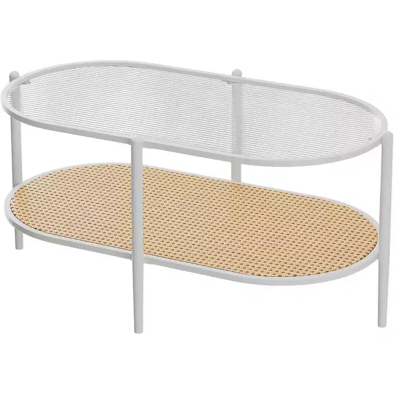 Oval Glass Coffee Table, Water-Wave Tempered Glass, Rattan Storage Shelf, Boho Farmhouse Metal Frame
