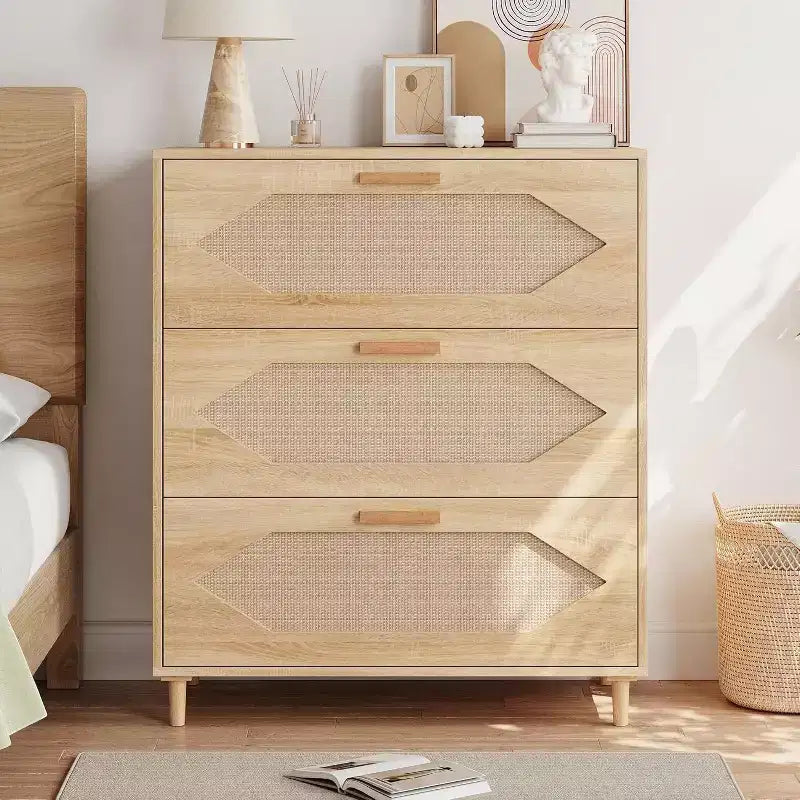 Rattan 3-Drawer Dresser - Modern Wood Storage Cabinet for Bedroom & Living Room