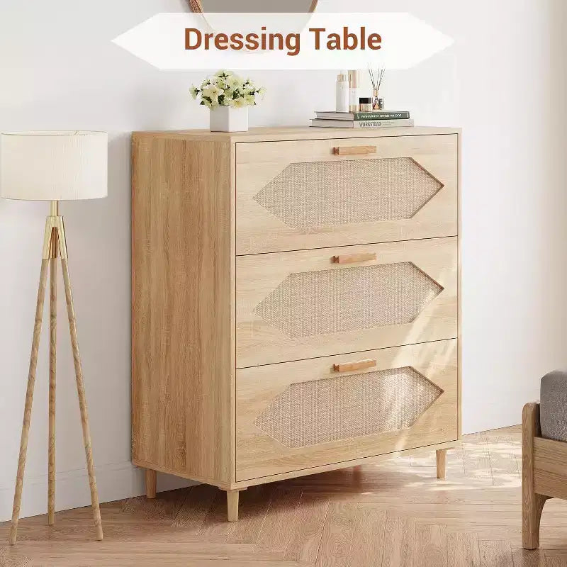 Rattan 3-Drawer Dresser - Modern Wood Storage Cabinet for Bedroom & Living Room