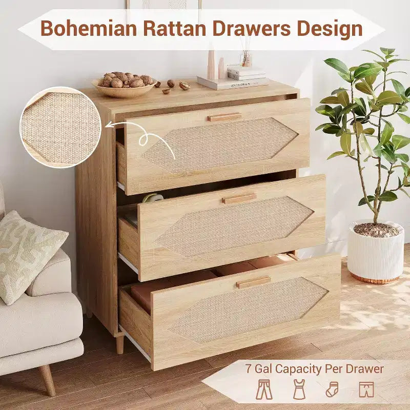 Rattan 3-Drawer Dresser - Modern Wood Storage Cabinet for Bedroom & Living Room