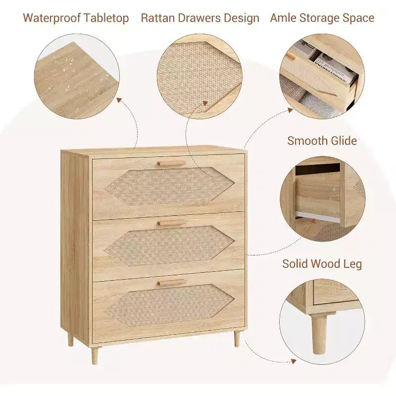 Rattan 3-Drawer Dresser - Modern Wood Storage Cabinet for Bedroom & Living Room