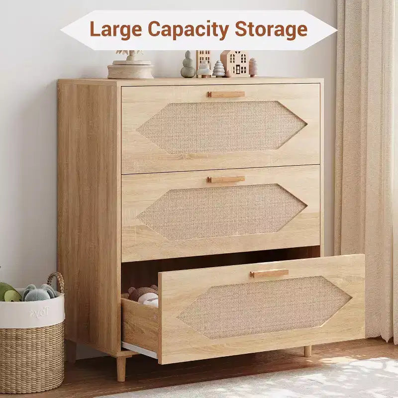 Rattan 3-Drawer Dresser - Modern Wood Storage Cabinet for Bedroom & Living Room