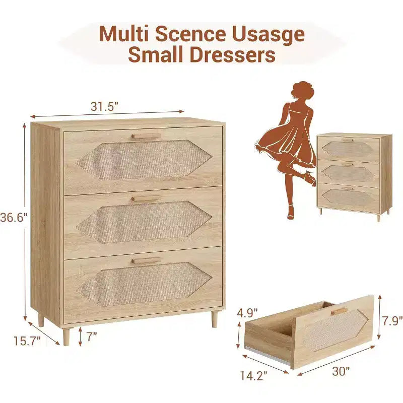 Rattan 3-Drawer Dresser - Modern Wood Storage Cabinet for Bedroom & Living Room
