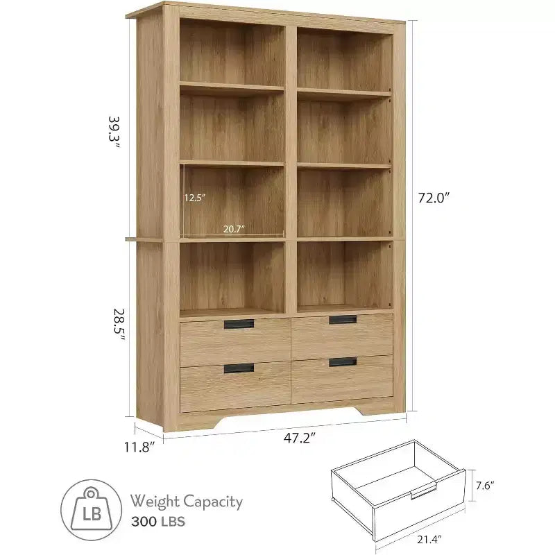 72 Tall Book Shelf with Storage, Farmhouse Floor Standing Bookcase,Book Shelf with 4 Drawers, Freestanding Display Storage Shelves for Home Offices