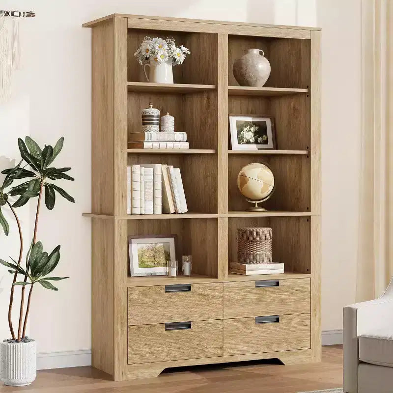 72 Tall Book Shelf with Storage, Farmhouse Floor Standing Bookcase,Book Shelf with 4 Drawers, Freestanding Display Storage Shelves for Home Offices
