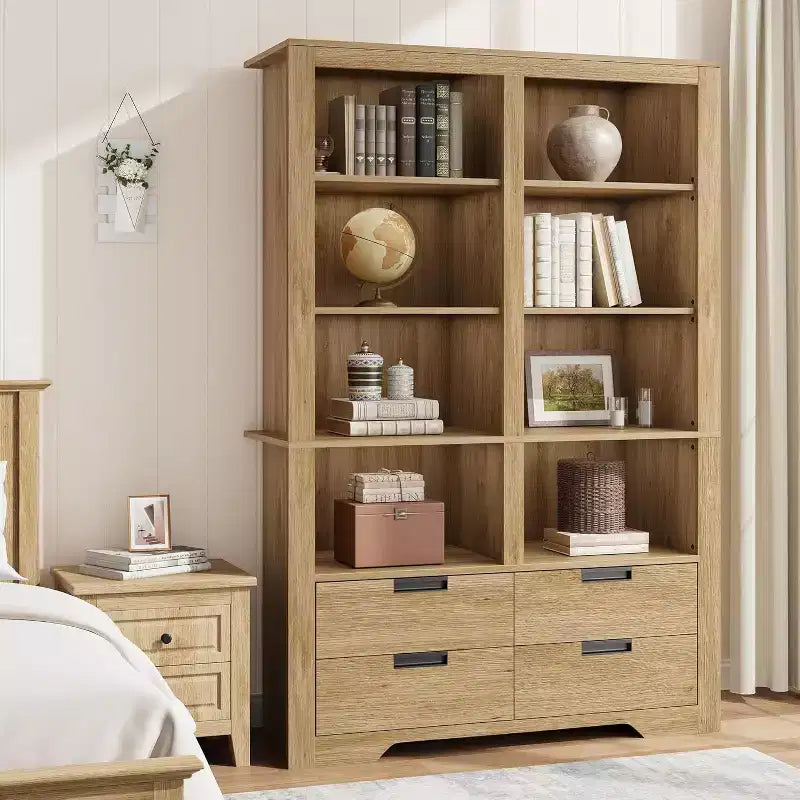 72 Tall Book Shelf with Storage, Farmhouse Floor Standing Bookcase,Book Shelf with 4 Drawers, Freestanding Display Storage Shelves for Home Offices