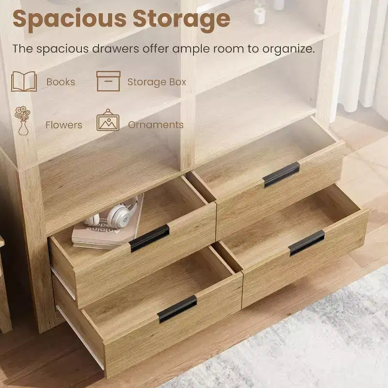 72 Tall Book Shelf with Storage, Farmhouse Floor Standing Bookcase,Book Shelf with 4 Drawers, Freestanding Display Storage Shelves for Home Offices