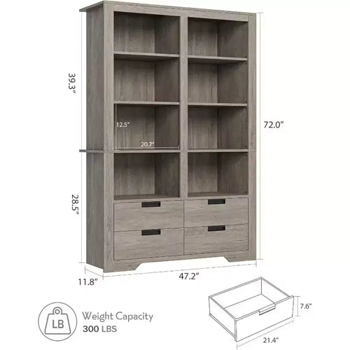 Étagère à livres haute de 72 po avec rangement, bibliothèque de style ferme sur pied, étagère à livres avec 4 tiroirs, étagères de rangement autoportantes pour bureaux à domicile