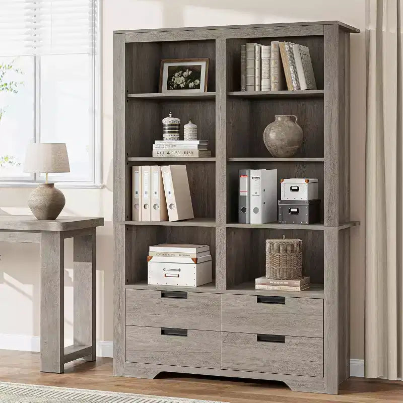 72 Tall Book Shelf with Storage, Farmhouse Floor Standing Bookcase,Book Shelf with 4 Drawers, Freestanding Display Storage Shelves for Home Offices