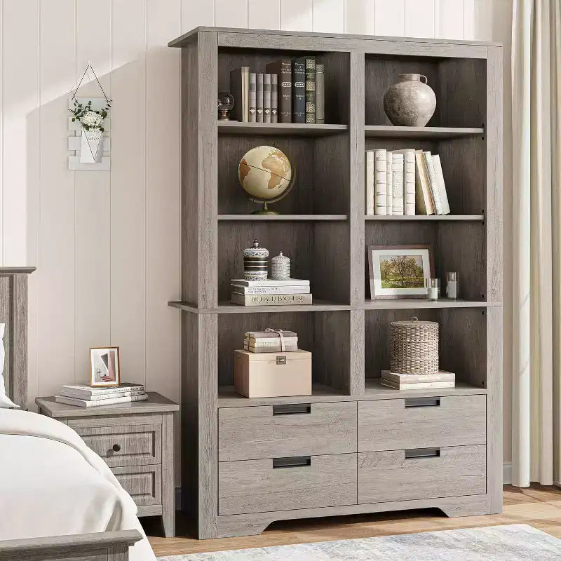 72 Tall Book Shelf with Storage, Farmhouse Floor Standing Bookcase,Book Shelf with 4 Drawers, Freestanding Display Storage Shelves for Home Offices