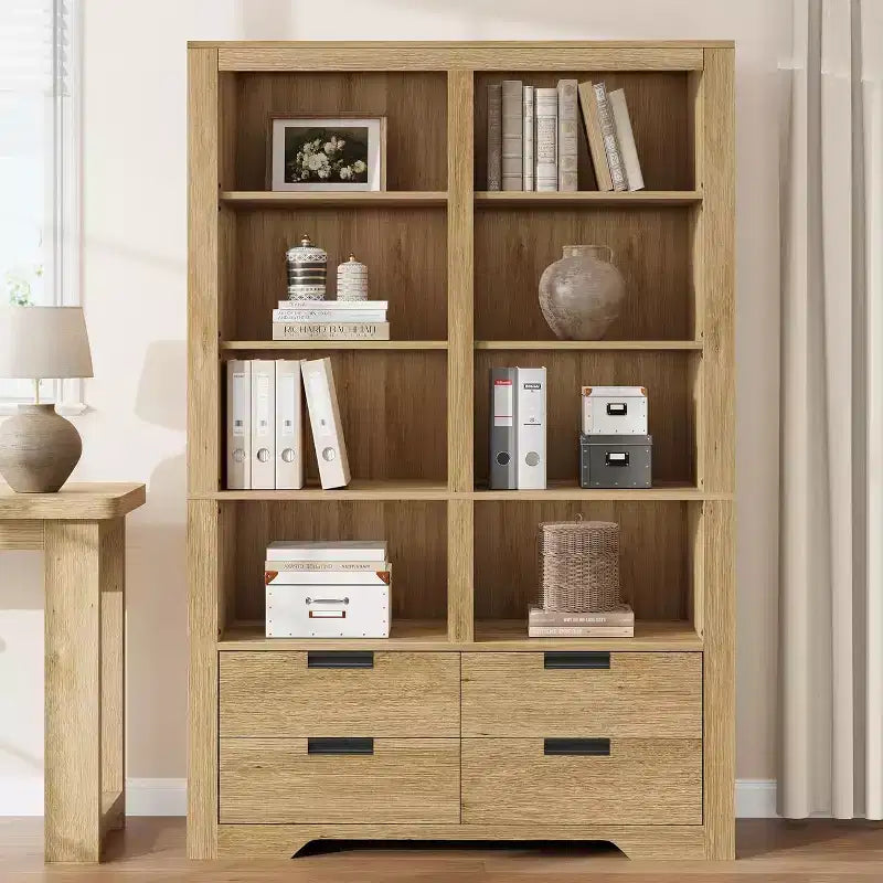 72 Tall Book Shelf with Storage, Farmhouse Floor Standing Bookcase,Book Shelf with 4 Drawers, Freestanding Display Storage Shelves for Home Offices