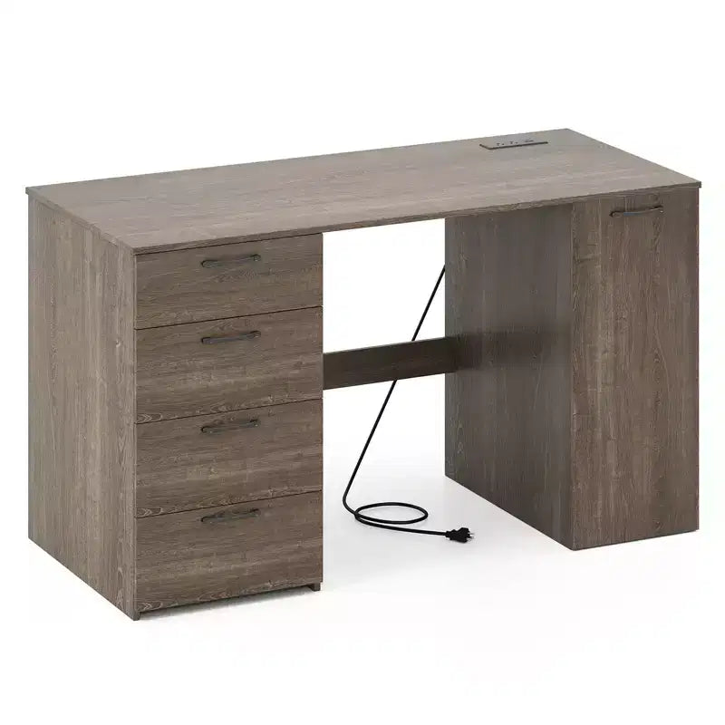 Computer Desk with Power Outlets Large Executive Desk with 4 Storage Drawers Gray/White