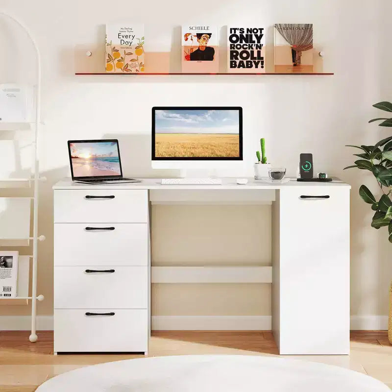 Computer Desk with Power Outlets Large Executive Desk with 4 Storage Drawers Gray/White