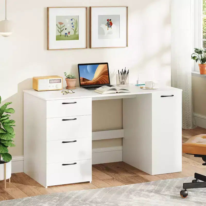Computer Desk with Power Outlets Large Executive Desk with 4 Storage Drawers Gray/White