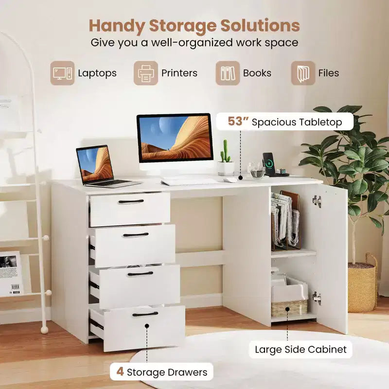 Computer Desk with Power Outlets Large Executive Desk with 4 Storage Drawers Gray/White