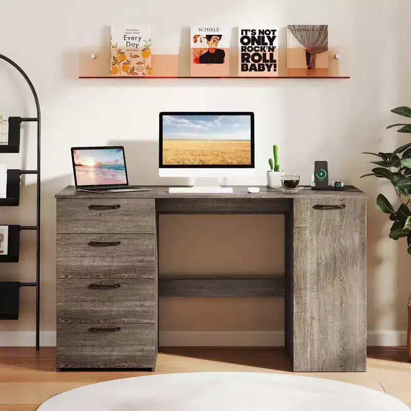 Computer Desk with Power Outlets Large Executive Desk with 4 Storage Drawers Gray/White