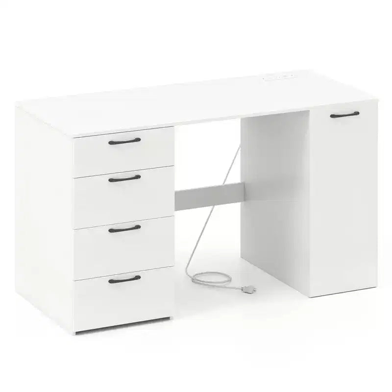 Computer Desk with Power Outlets Large Executive Desk with 4 Storage Drawers Gray/White