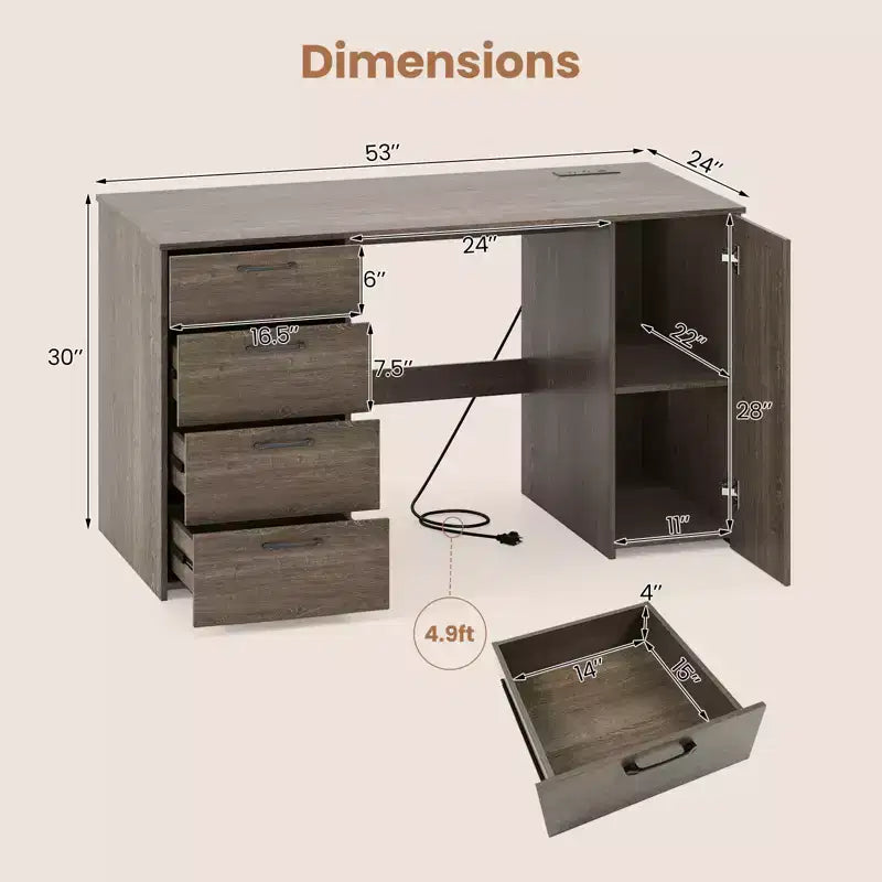 Computer Desk with Power Outlets Large Executive Desk with 4 Storage Drawers Gray/White