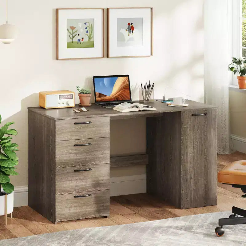 Computer Desk with Power Outlets Large Executive Desk with 4 Storage Drawers Gray/White