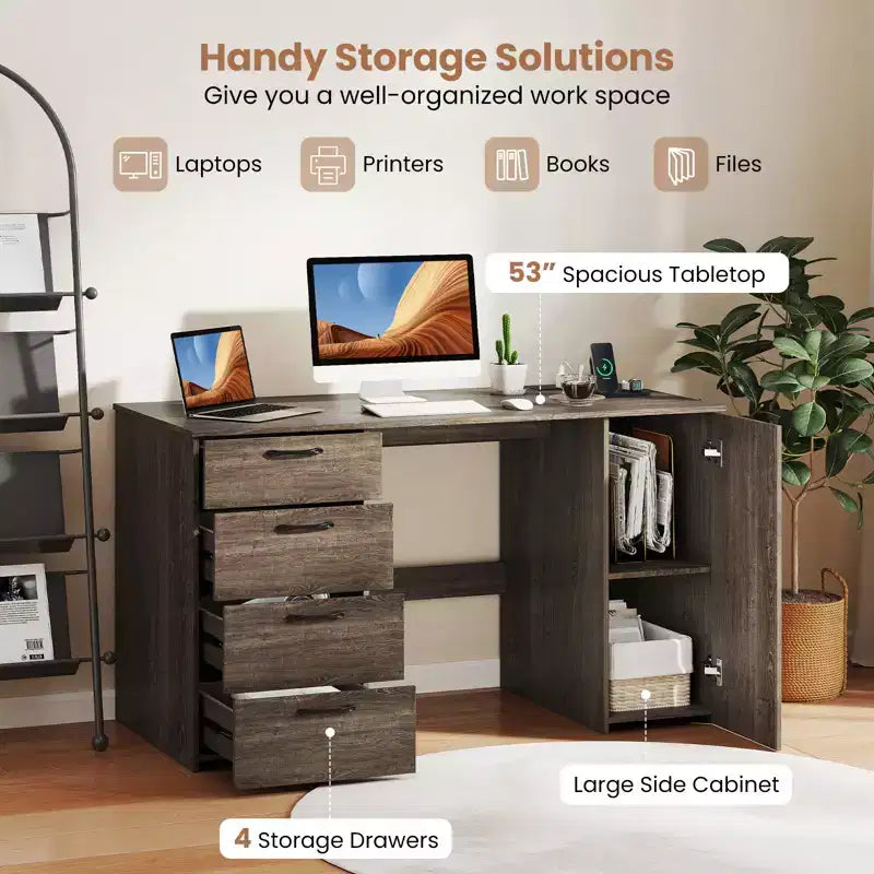 Computer Desk with Power Outlets Large Executive Desk with 4 Storage Drawers Gray/White