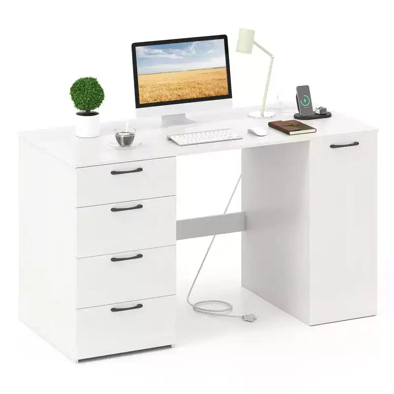 Computer Desk with Power Outlets Large Executive Desk with 4 Storage Drawers Gray/White