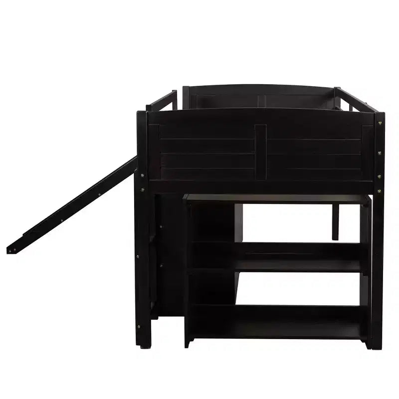 Twin Loft Bed with Slide, Wood Loft Bed Twin Size, Low Twin Size Loft Bed Frame with Cabinets and Shelves